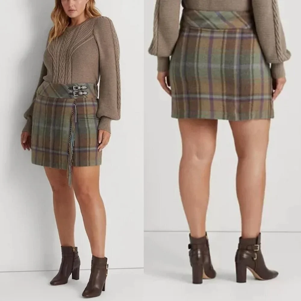 NWT New $225 Ralph Lauren Wool Plaid Fringe-Trim Tweed Mini Skirt Size 14
